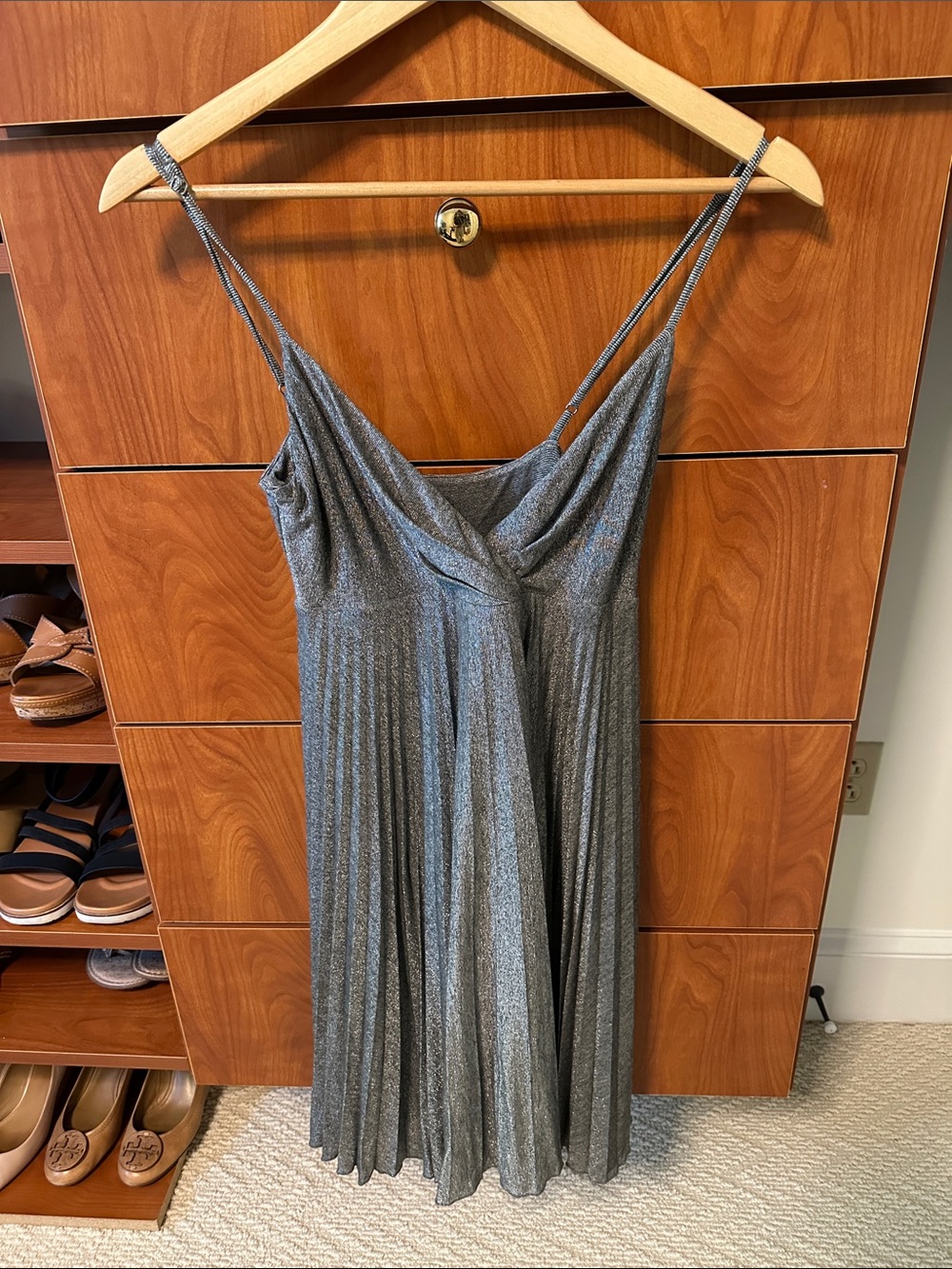 Max & Cleo Metallic Silver Pleated Strapless Midi Dress